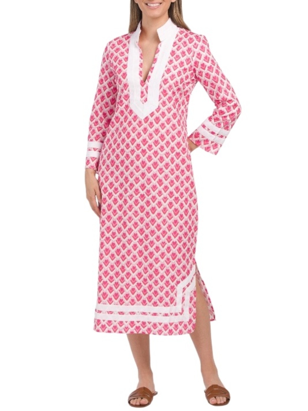 Sail to Sable Mod Miami Pink Tux Tunic Midi Dress Printed Long Sleeve Caftan XXS